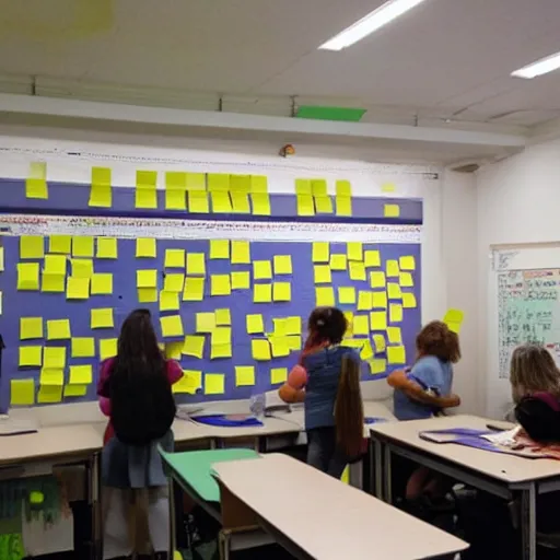 Prompt: class school full of post - it on the walls