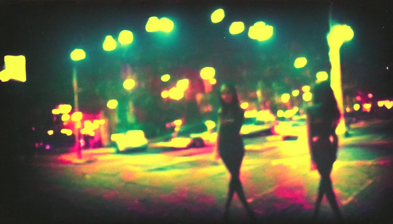 Prompt: colorful instant photograph of a beautiful woman in a city at night, polaroid, light leak, raw, nostalgic