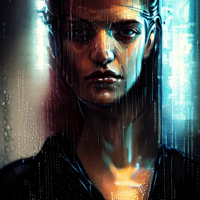 Image similar to bright portrait backlit rain on face and wet hair, cyberpunk, overhead lighting, fantasy, intricate, elegant, dramatic lighting, highly detailed, lifelike, photorealistic, digital painting, artstation, illustration, concept art, smooth, sharp focus, art by John Collier and Albert Aublet and Krenz Cushart and Artem Demura and Alphonse Mucha