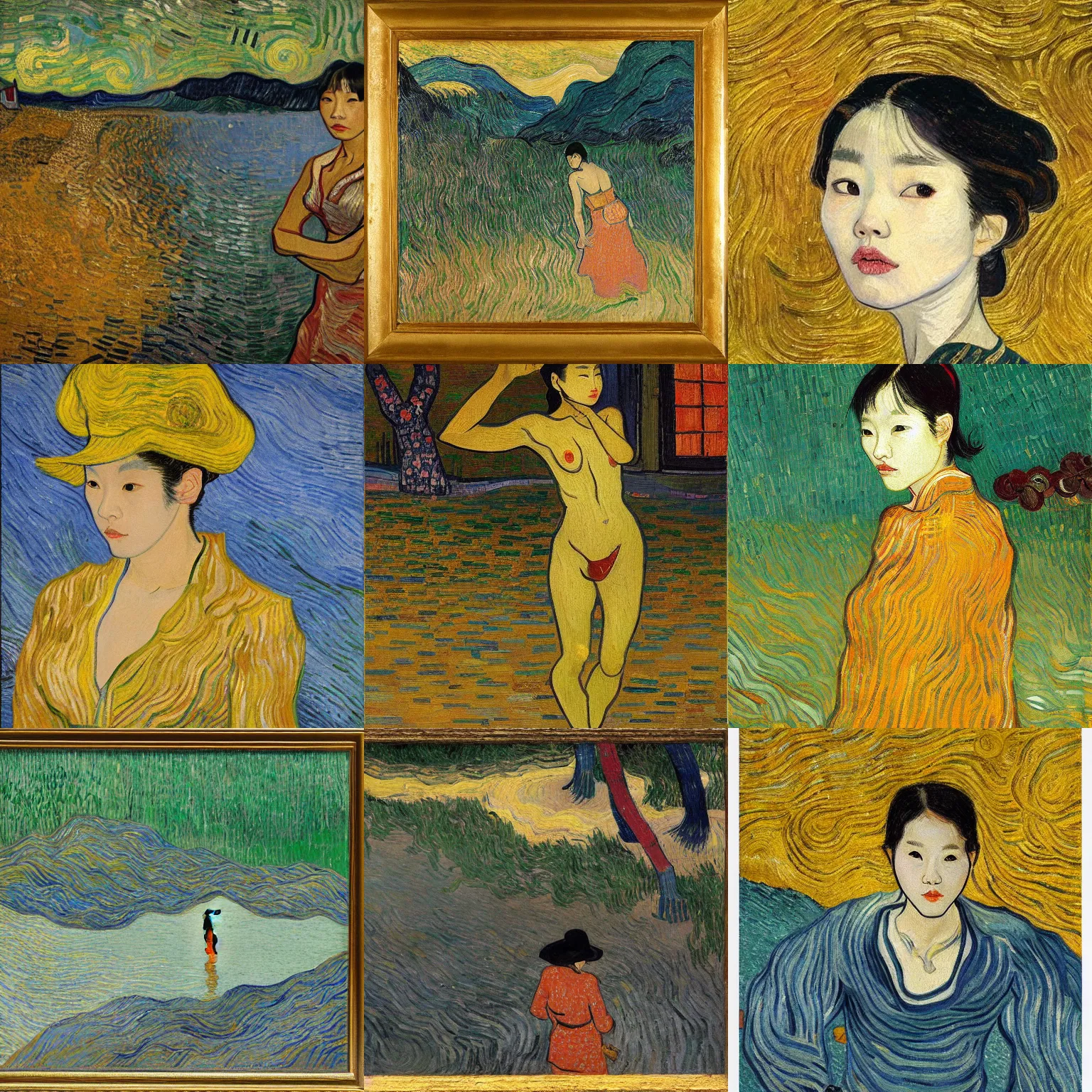 Prompt: lee jin - eun emerging from gold pond by nicola samuri and vincent van gogh, rule of thirds, seductive look, beautiful