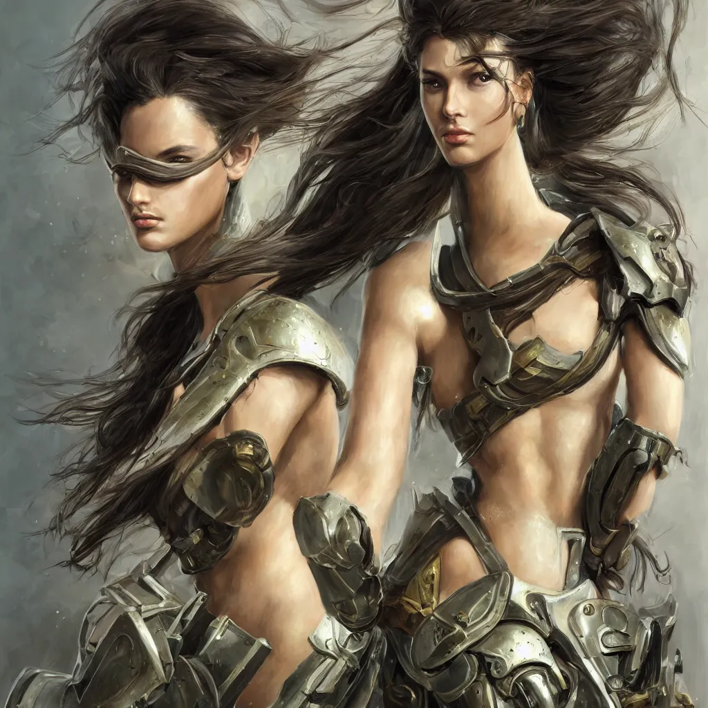 Image similar to a professionally painting of an attractive young goddess, partially wrapped in battle armor, olive skin, long dark hair, beautiful bone structure, perfectly proportioned, symmetrical facial features, intricate, elegant, heroic pose, digital painting, concept art, smooth, sharp focus, finely detailed, abstractly framed, from Metal Gear, in the mixed styles of Ruan Jia and Mandy Jurgens and Artgerm and William-Adolphe Bouguerea