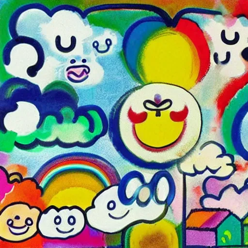 Image similar to clouds with rainbow colors, smiley faces, Edvard Munch, David Hockney, Takashi Murakami, Minimalist,