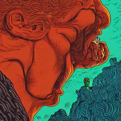 Image similar to portrait of head melting into another one, lava, laugh and surprise, by Dan Mumford