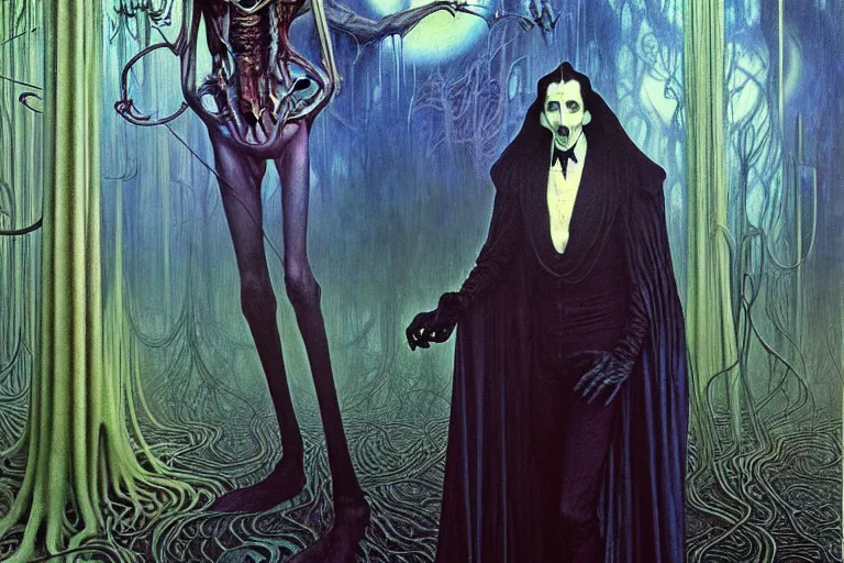 Image similar to realistic extremely detailed portrait painting of an elegantly creepy vampire man dressed as dracula, futuristic sci-fi forest on background by Jean Delville, Amano, Yves Tanguy, Alphonse Mucha, Ernst Haeckel, Edward Robert Hughes, Roger Dean, rich moody colours