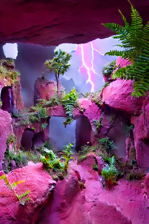 Prompt: inside of a cave with a hyper - realistic bright coloured natural flowers and ferns : 4, overlooking a castle with pink lightning clouds : 1, highly symmetrical, balanced, lightning clouds : 6, octane render, in the style of sahm : 8 hd, 4 k, ultra - realistic, in unreal engine