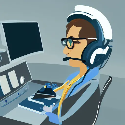 Prompt: An anthropomorphic grey dolphin dressed as a chemist playing games on a computer, digital painting, close-up, wearing a headset