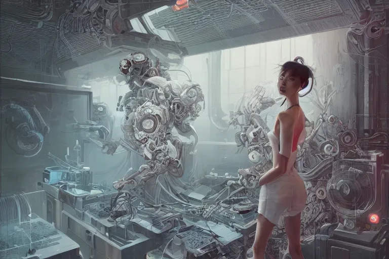 Image similar to hyperrealistic photography of a machine entering a female host in the style of Jin Kagetsu, James Jean and wlop, highly detailed, sharp focus, intricate concept art, digital painting, ambient lighting, 4k, artstation