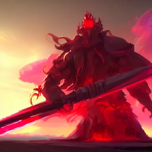 Image similar to a ruby sword concept art giving off red glow haze, epic shot, 4k detailed, artstation, illustration,