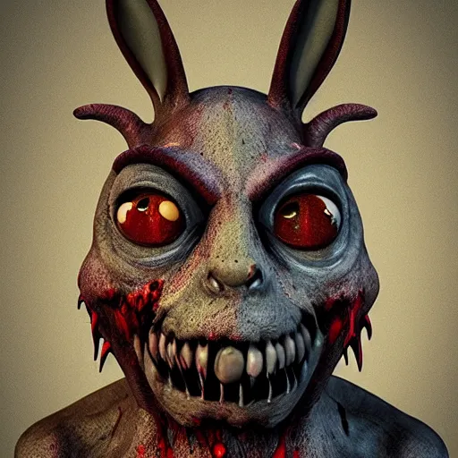 Image similar to scary film character zombie rabbit, disney pixar Monster\'s inc character concept artwork, 3d concept, detailed scales, skin, fur, etc, monster creature, horror, claws, teeth sharp, high detail iconic character for upcoming film, trending on artstation