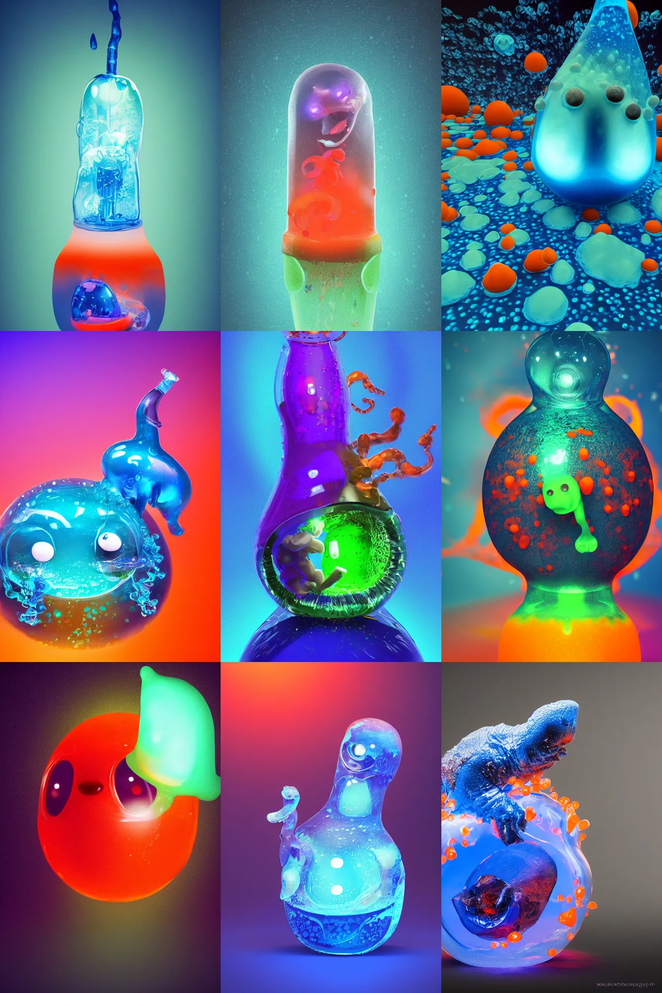 Prompt: a very cute gelatinous slime creature is inside of a blue and orange lava lamp. dark monotone background, studio lighting, behance contest winner, bioluminescence, detailed 4 k. picture