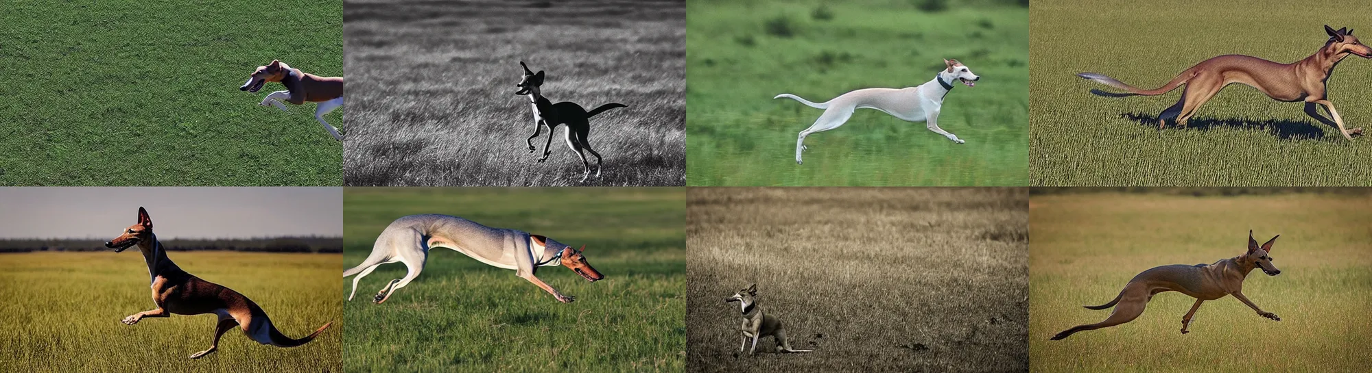 Prompt: “ a greyhound with wings flying above grassy plains, he is a long boi ”