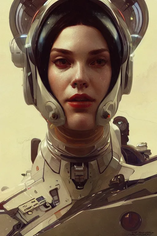 Prompt: A full portrait of a scifi heavy deep space fighter pilot, intricate, elegant, highly detailed, digital painting, artstation, concept art, smooth, sharp focus, illustration, art by Krenz Cushart and Artem Demura and alphonse mucha