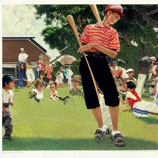 Prompt: a summer day. A teen boy with black hair is wearing a baseball cap and outfit and swinging his baseball bat. Norman Rockwell. Noriyoshi Ohrai