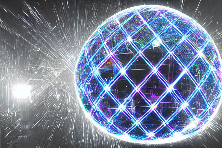 Image similar to plastic orb hit by three beams of light, y 2 k cybercore, in the style of tyler mitchell