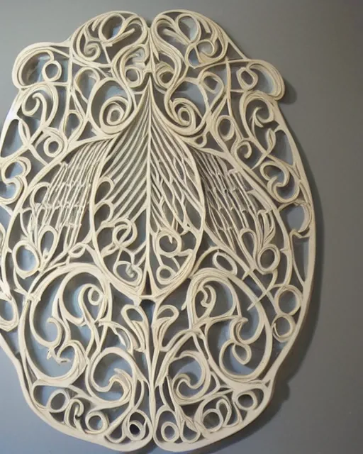 Image similar to wall craving filigree carved out of ivory about fishes fins scales