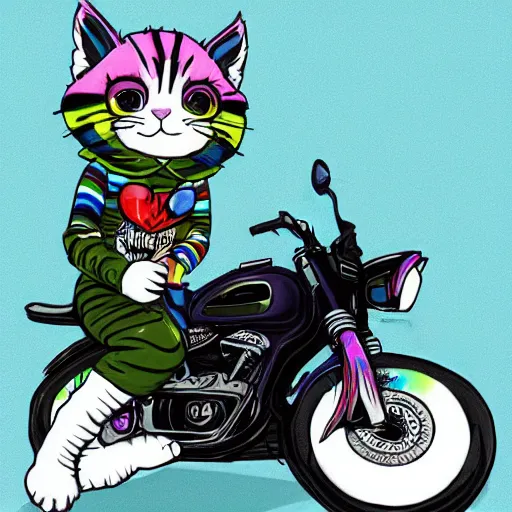 Image similar to wide angle full body, jacket wearing fluffy cute rainbow kitten wearing a black leather motorcycle jacket, riding on a motorcycle, cinematic concept art