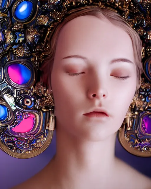 Image similar to natural light, soft focus portrait of an android with soft synthetic pink skin, blue bioluminescent plastics, smooth shiny metal, elaborate ornate head piece, piercings, skin textures, by annie liebovotz,