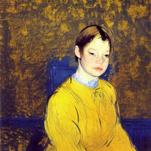 Image similar to palette knife oil painting portrait of a girl in a blue and gold room, film still by goya, by henri de toulouse - lautrec, by pontormo, extreme detail, liminal aesthetic, artgerm, deviant art, octane, substance, art history 8 k, art nouveau