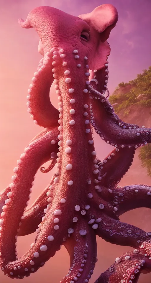 Image similar to A octopus centered-photograph of a pink elephant, film still, dynamic action pose, National Geographic, insane detail, intricate, highly detailed, Zeiss Lens, DSLR photography, smooth, sharp focus, Unreal Engine 5, Octane Render, Redshift, 8K