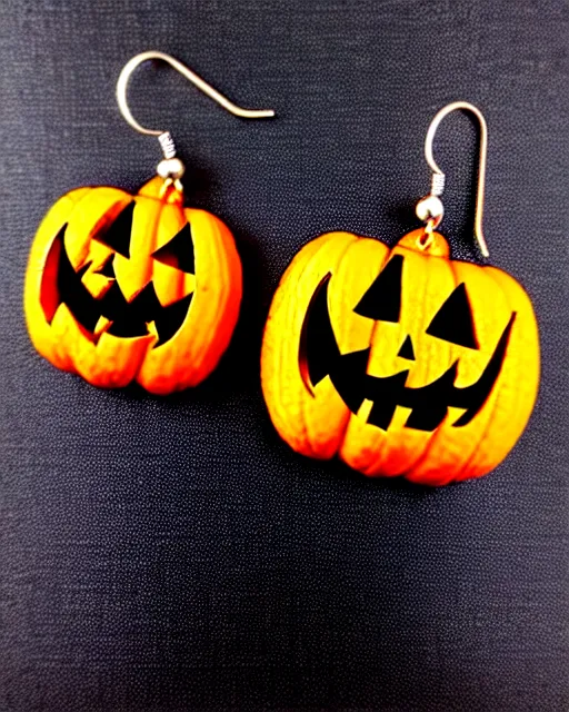 Image similar to spooky cartoon jack'o'lantern, 2 d lasercut earrings, in the style of tim burton