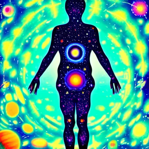 Image similar to A psychedelic silhouette of a human body filled with the universe, planets, stars and galaxies