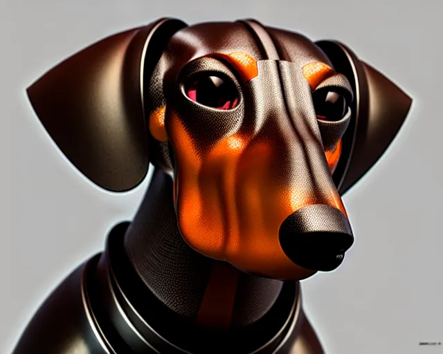 Image similar to head of dachshund robot, portrait, mechanical, machine, octane render, concept art, sharp focus, hyper - realistic, intricate, detailed, eduard pronin, luka mivsek, ruan jia