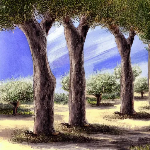 Prompt: olive trees in an ancient greek temple landscape, trending on art station, digital art