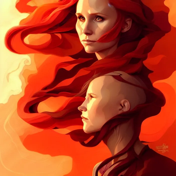 Prompt: style artgerm, joshua middleton, ellen jewett, beautiful kristen bell with dark red dress, very long orange hair, symmetrical face, symmetrical eyes, fire powers fire swirling, detailed, volcano setting, cinematic lighting