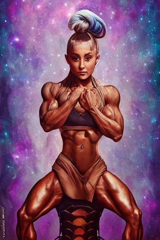 Image similar to body builder, extremely muscular ariana grande, in the style of johan grenier and john picacio and alan m. clark, trending on artstation, bioluminescence tilt - shift blade runner 2 0 4 9, crayon art, futuresynth, splash art, post - minimalism