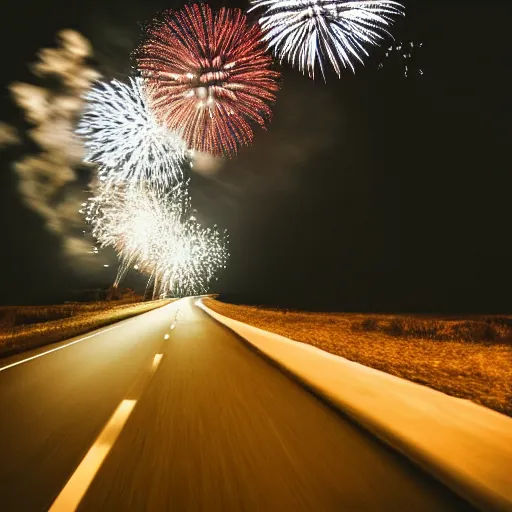 Image similar to a [ bmw 7 ]!! driving on an empty highway at night, [ fireworks in the sky ]!!, and a [ wooded forest ] in the background, trending on unsplash, [ 4 k photorealism ]!!, [ golden ratio ]!!, centered!!