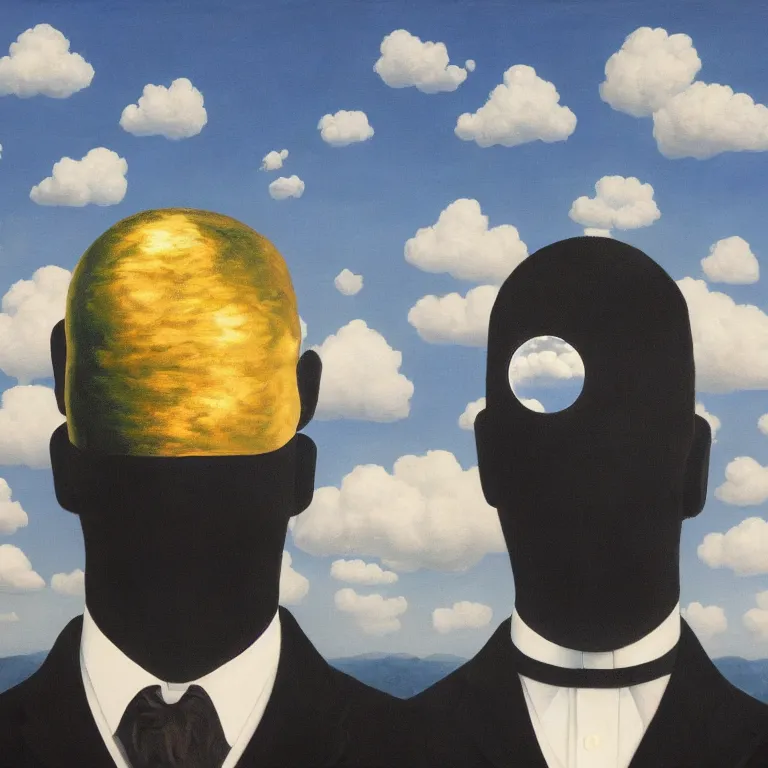 Image similar to portrait of a faceless reflective chrome - head man in a suit and black gloves, clouds and nature landscape in the background, by rene magritte, detailed painting, distance, centered, hd, hq, high resolution, high detail, 4 k, 8 k