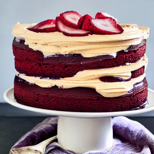 Prompt: cookbook photo of peanut butter and jelly cake