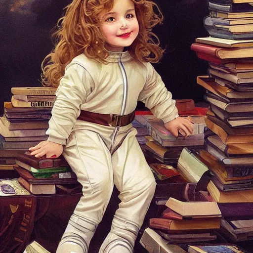 Image similar to a cute little girl with a mischievous face and short brown wavy curly hair sitting on top of a tall pile of books. she is dressed as an astronaut. well composed, clean elegant painting, beautiful detailed face. art by artgerm and greg rutkowski and ( alphonse mucha )