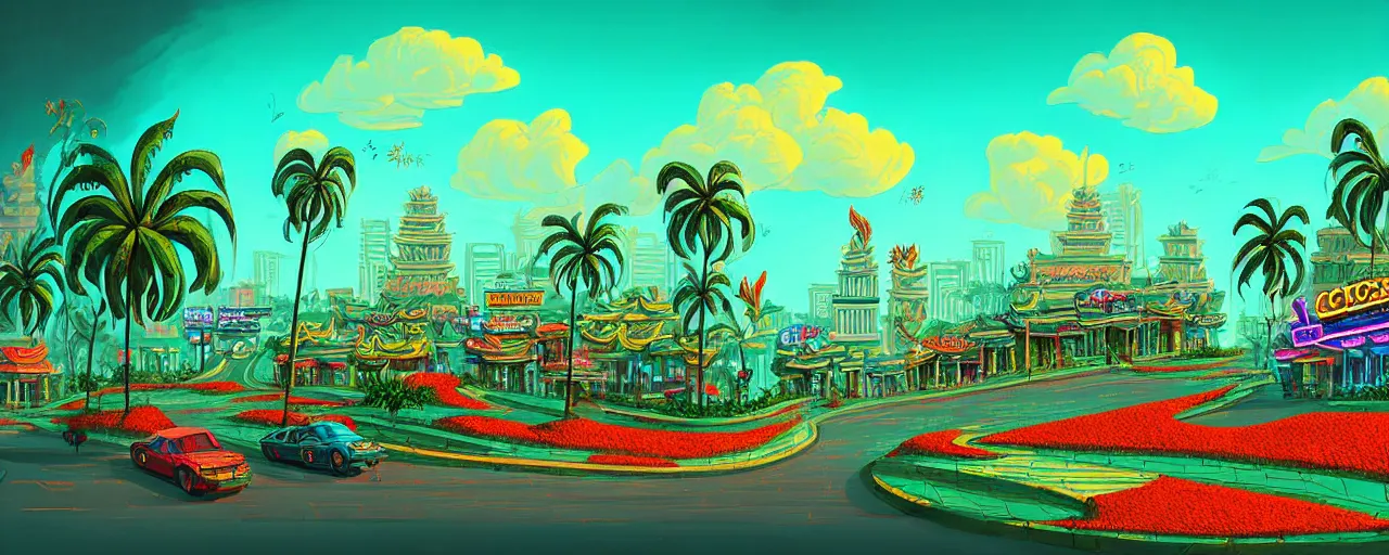 Image similar to curled perspective digital art of ho chi minh city, curly clouds cobblestone street with wildflowers to a casino in top of a hill with curly palmtrees by anton fadeev from nightmare before christmas