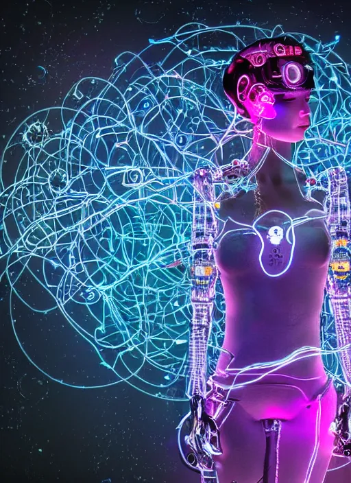 Prompt: intricate cyborg pilot girl with electromechanical robot parts, growing from electronic wall, connected made of and covered with many colorful wires, featuring beautiful detailed machined crystal eyes glowing with nebula, background glowing game server powered by galaxies. backlit luminous shiny metallic