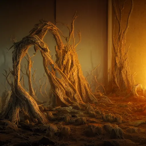 Image similar to rhizomuse, diorama, stunning photo, artist impression, cgsociety, abstract sculpture, warm ambient lighting, glow, deep shadows, hyperdetailed, 8K