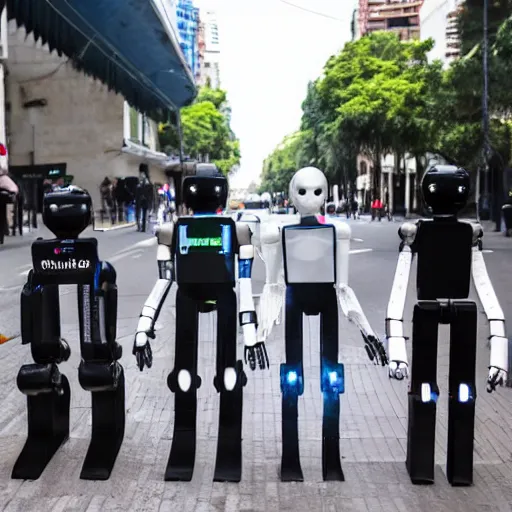Prompt: Humanoid robots in the streets of Buenos Aires, helping people find their way, on the sidewalk