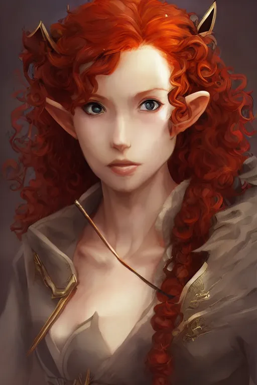 Image similar to A beautiful anime portrait of a curly haired redhead female elf, rpg ranger outfit, elven bow, by Stanley Artgerm Lau, WLOP, Rossdraws, James Jean, Andrei Riabovitchev, Marc Simonetti, and Sakimichan, tranding on artstation