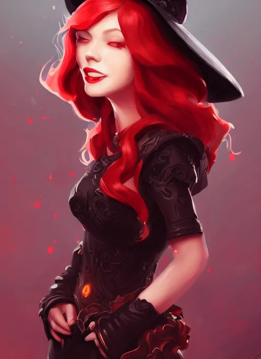 Image similar to a highly detailed illustration of red haired lady wearing black noir dress and black sun hat, dramatic smile pose, intricate, elegant, highly detailed, centered, digital painting, artstation, concept art, smooth, sharp focus, league of legends concept art, wlop.