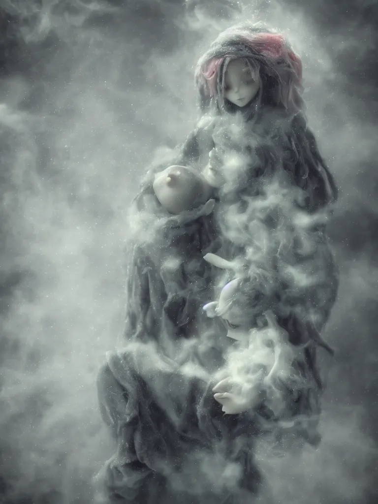 Image similar to cute fumo plush of a cursed frail witch girl held tight in the arms of a ghost mother, hugging, melting volumetric smoke and fog, environment map pbr reflective stormy water, gothic maiden, bokeh, vignette, vray