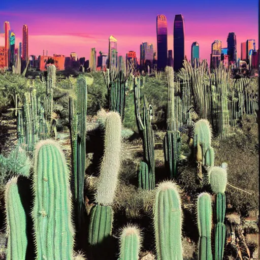 Image similar to photorealistic thousands of san pedro cactus very tall and large towering over a city