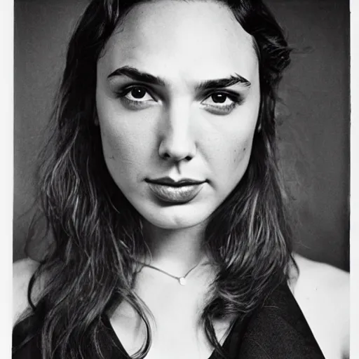 Prompt: photo of Gal Gadot by Diane Arbus, extreme closeup, black and white, high contrast, Rolleiflex, 55mm f/4 lens