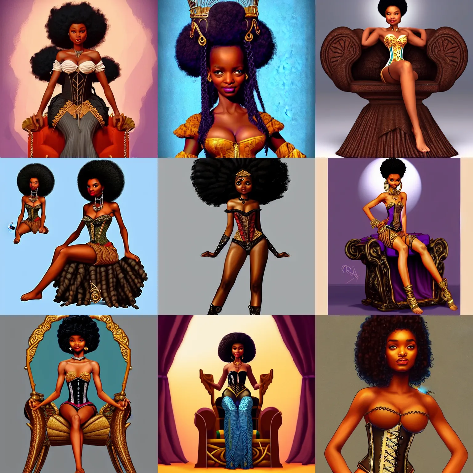 Prompt: african princess, inspired by yara shahidi with an afro, sitting on a throne pose, royality, wearing corset inspired by brom art, inspired by artstation and artgerm, character concept art by larry elmore.