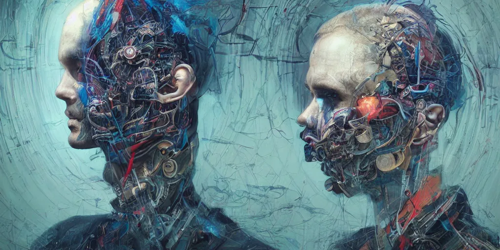 Prompt: portrait of a man in a secret society,8k,by tristan eaton,Stanley Artgermm,Tom Bagshaw,Greg Rutkowski,Carne Griffiths, Ayami Kojima, Beksinski, Giger,trending on DeviantArt,face enhance,hyper detailed,minimalist,cybernetic, android, blade runner,full of colour, super detailed