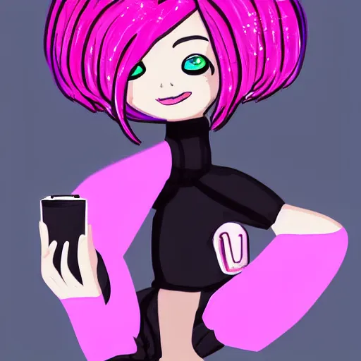 Image similar to alt girl with pink hair, cute outfit, digital art