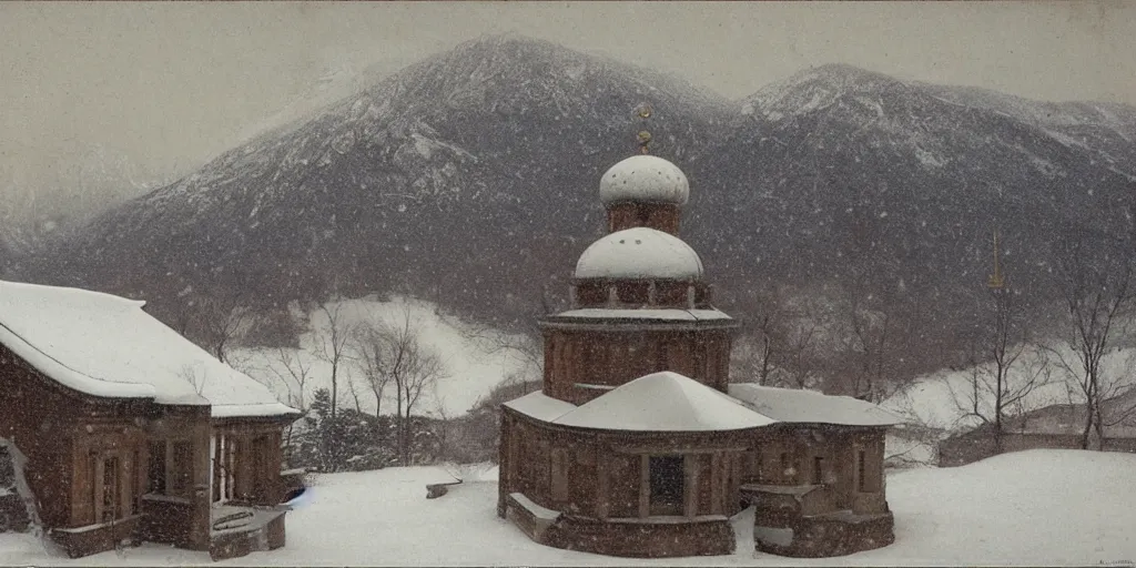 Image similar to observatory covered by snow, temple, tibetian mountains by Fernand Khnopff