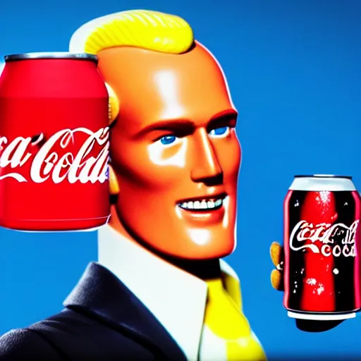 Image similar to coca cola man drinking a can of soda with max headroom's face on it, realistic, hyperrealistic, ultra realistic, real, real world, highly detailed, very detailed, extremely detailed, intricate details, 8 k resolution, hd quality