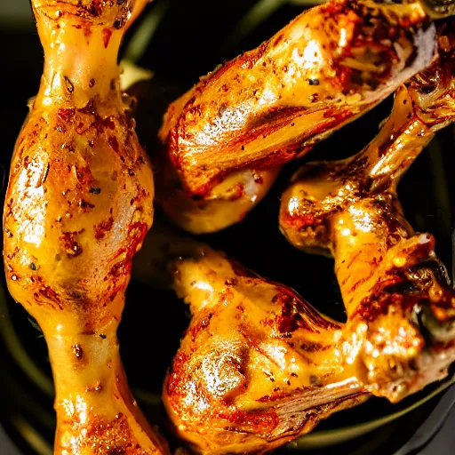 Image similar to macro photo of a chicken drumsticks with a secret miniature world inside of it, very very detailed, lots of fine details