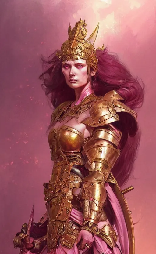 Image similar to Gothic muscular warrior queen in pink and gold mythical heavy armor of thick steel plates, fantasy, highly detailed, digital painting, artstation, concept art, smooth, sharp focus, illustration, art by artgerm and greg rutkowski and alphonse mucha