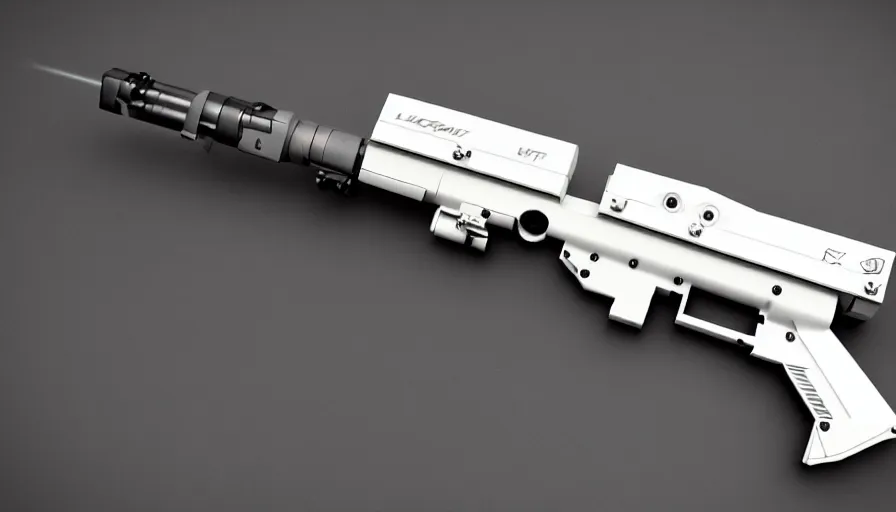 Prompt: extremely detailed realistic side view of a sci fi bullpup laser magnum pistol, detailed trigger, chemically propelled, massive battery, smooth streamline, battery and wires, railgun, chemrail, gauss, elegant sleek smooth body, white paint, smooth utopian design, ultra high quality, minimalist, octane, cod, destiny, warframe, terminator